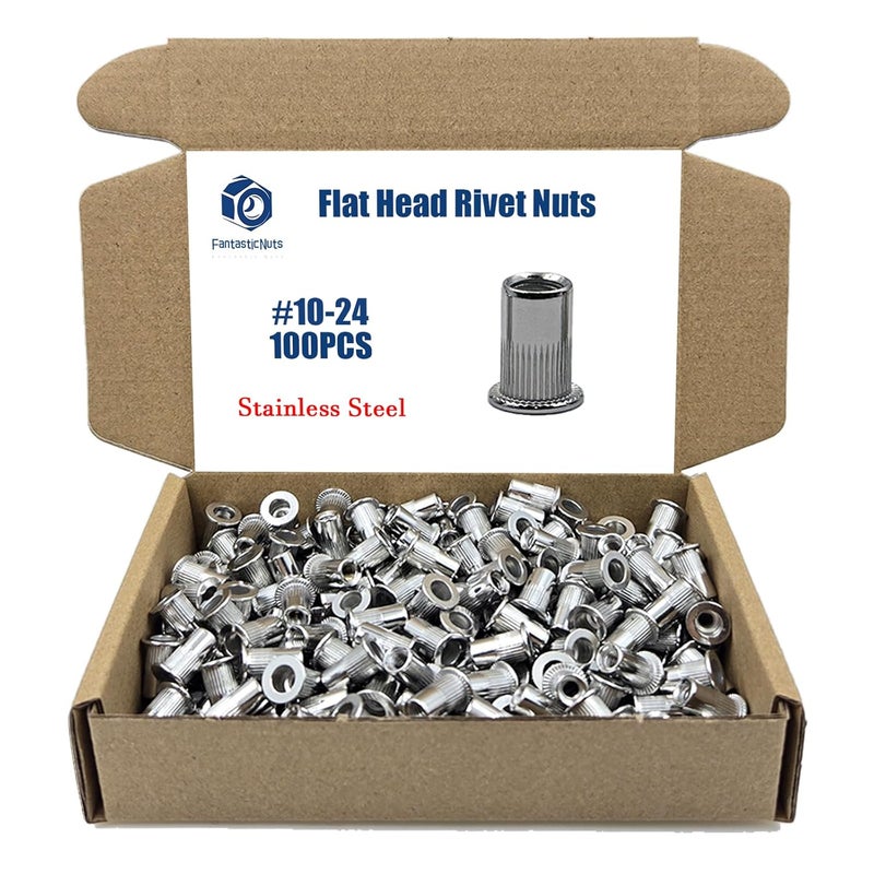 ELEFOCUS #10-24 100PCS SAE Rivet Nut Ass 304 Stainless Steel Flat Head Threaded Rivet Insert Knurled Rivet Nuts - Image 1